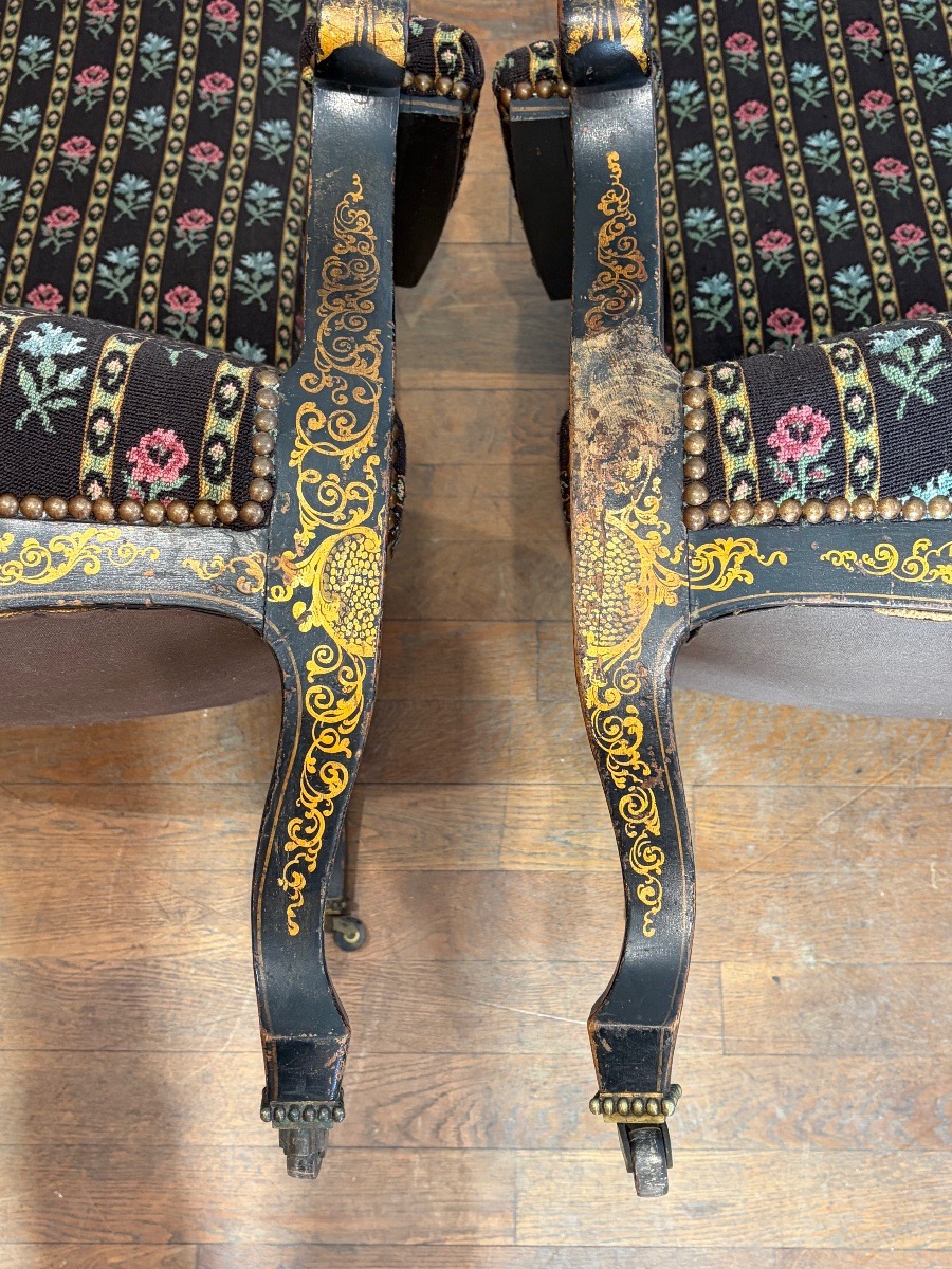 Paire de fauteuils Voltaire Napoléon III vernis Martin décor de fleurs -photo-8
