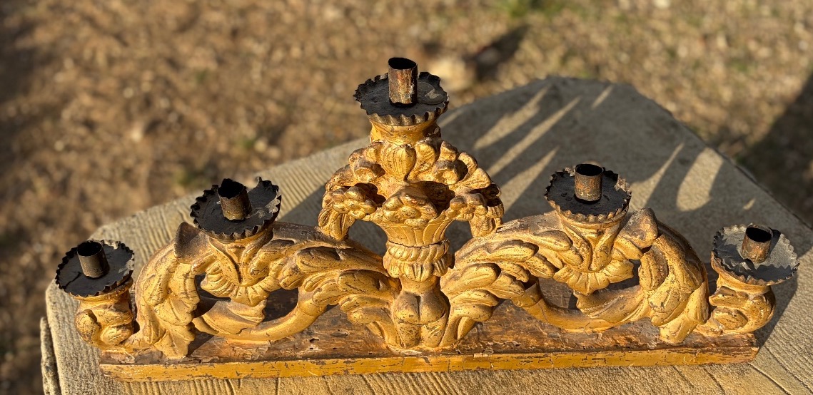 Large Altar-step Candelabrum; Church Candelabrum With Gilded Wood Trim; 18th-century Sacred Art-photo-1