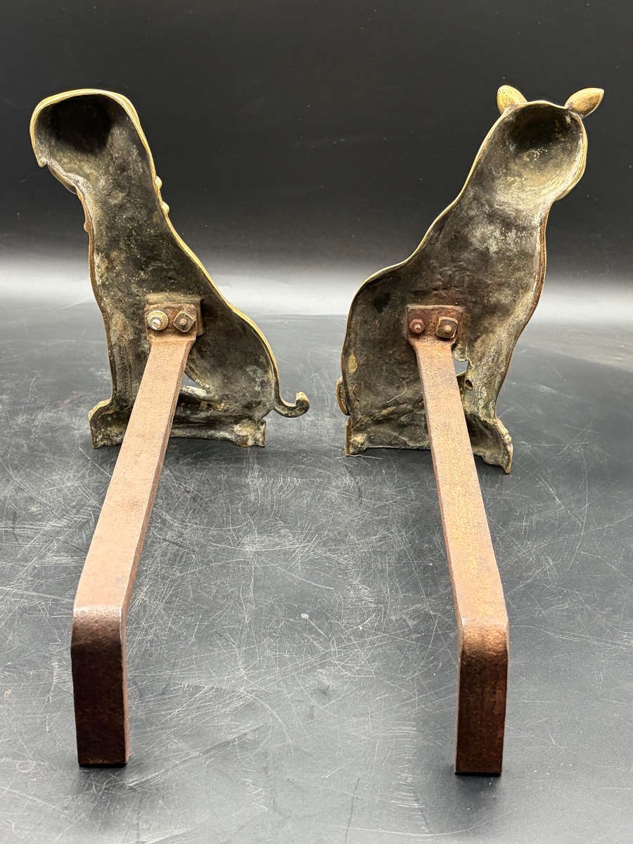 Paire de chenets animaliers chien et chat en bronze néo Renaissance -photo-2