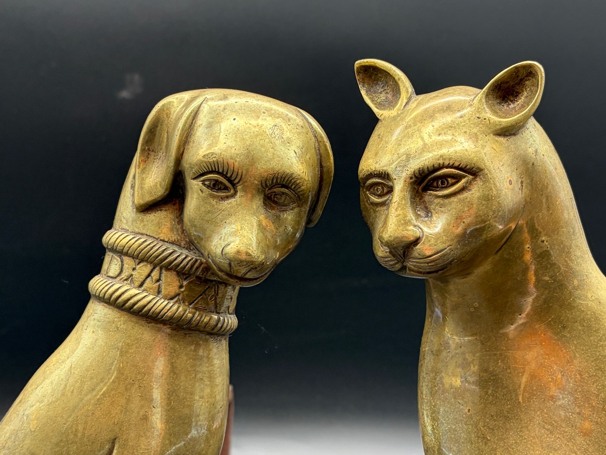 Paire de chenets animaliers chien et chat en bronze néo Renaissance -photo-3