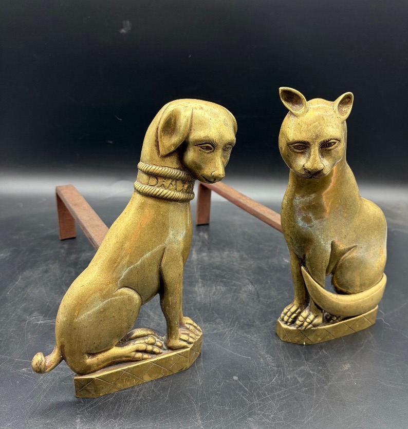 Paire de chenets animaliers chien et chat en bronze néo Renaissance -photo-4