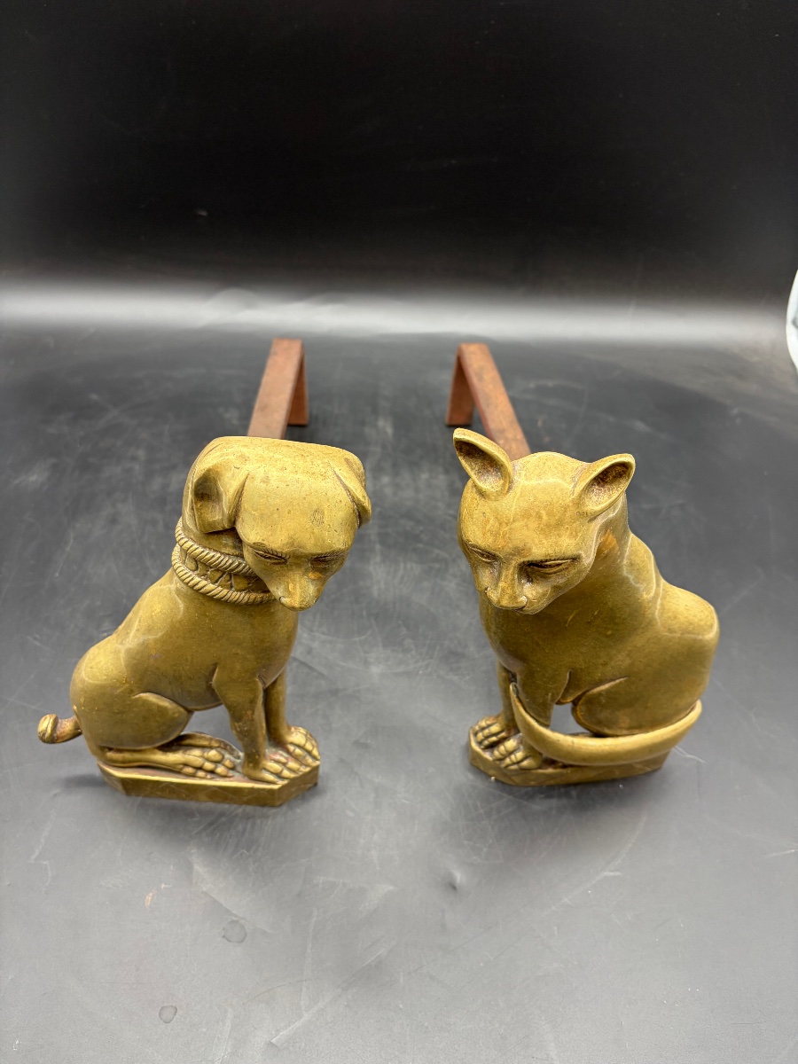 Paire de chenets animaliers chien et chat en bronze néo Renaissance -photo-1