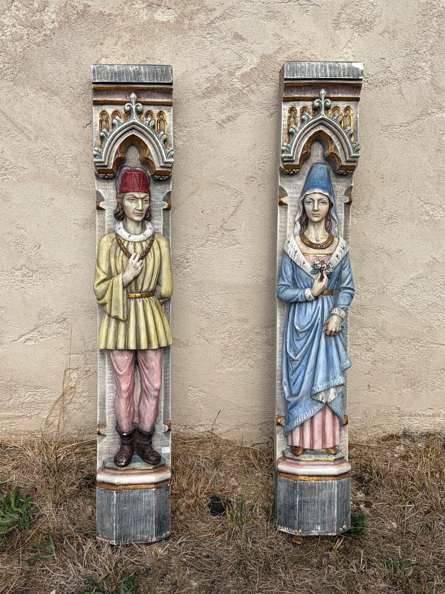 Pair Of Neo-gothic Fireplace Jambs Made Of Polychrome Limestone -photo-2
