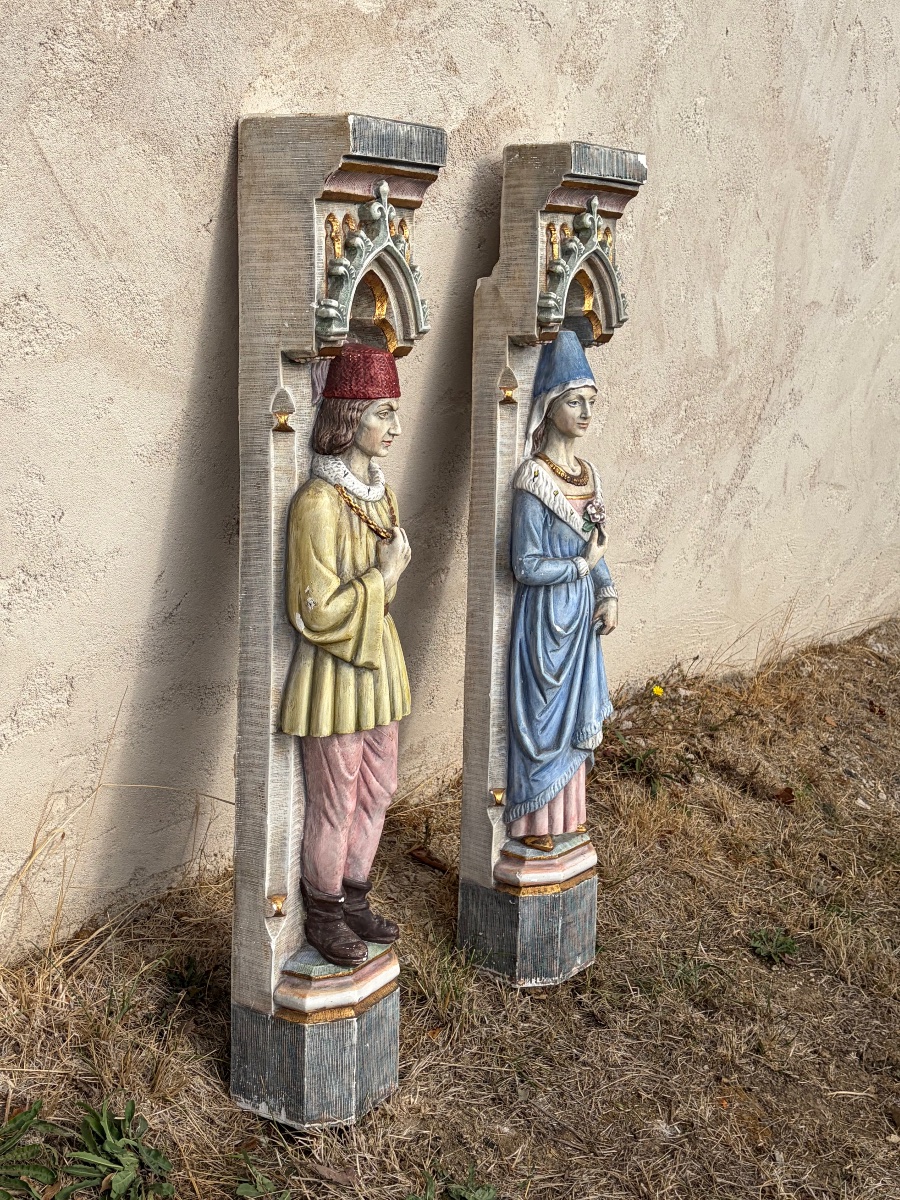 Pair Of Neo-gothic Fireplace Jambs Made Of Polychrome Limestone -photo-4