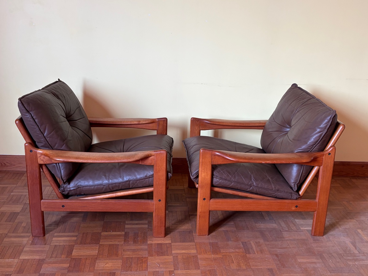 Pair Of Scandinavian Teak Armchairs With Leather Cushions—denmark -photo-2