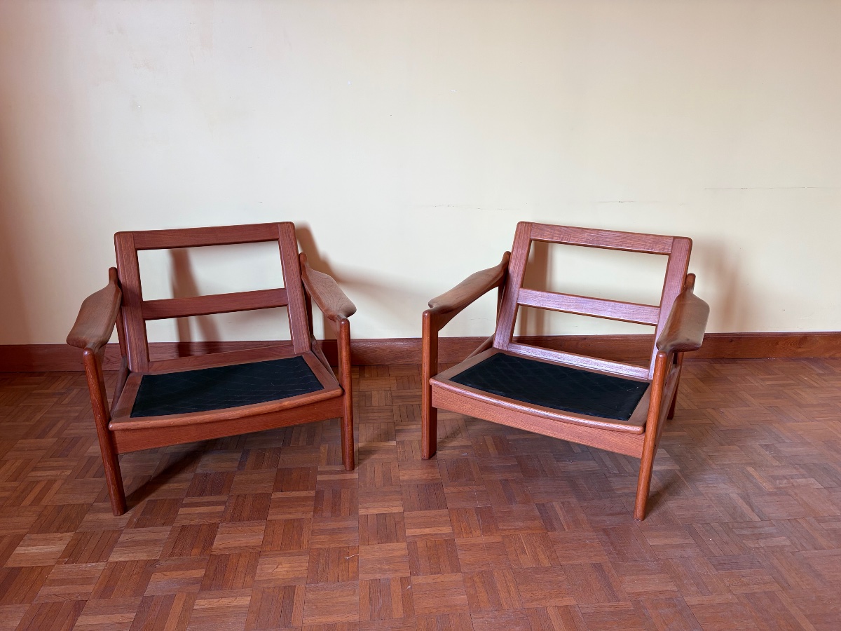 Pair Of Scandinavian Teak Armchairs With Leather Cushions—denmark -photo-4