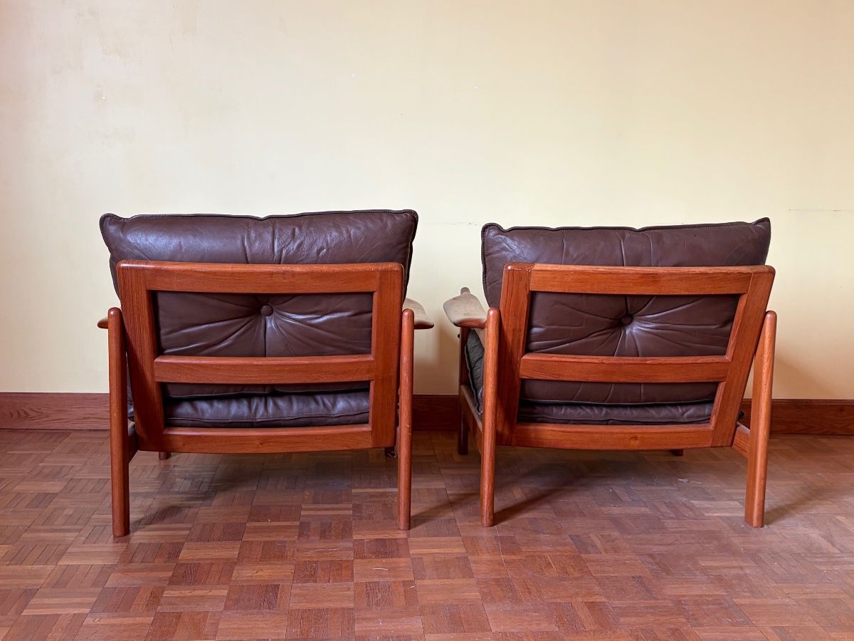 Pair Of Scandinavian Teak Armchairs With Leather Cushions—denmark -photo-1