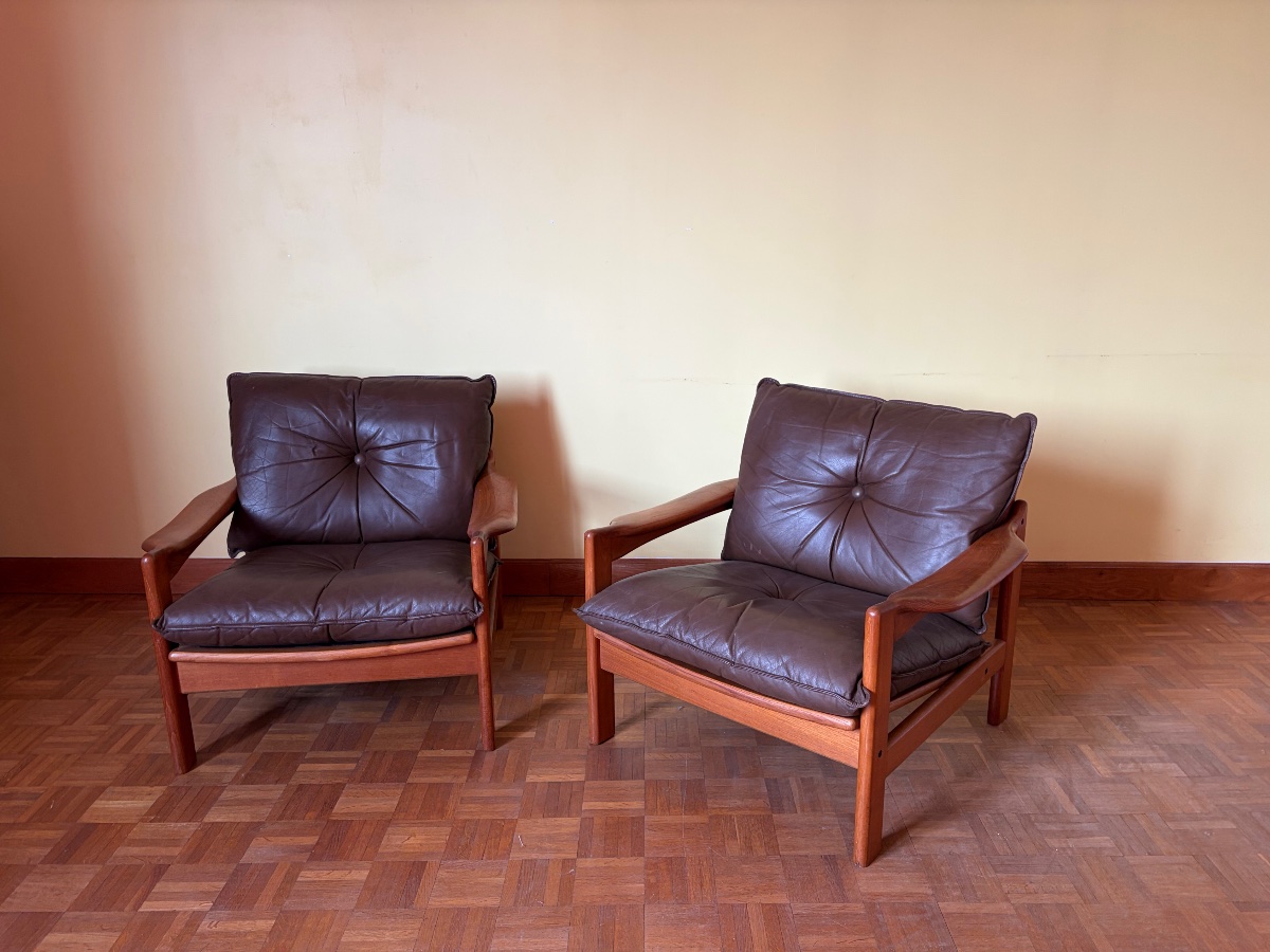 Pair Of Scandinavian Teak Armchairs With Leather Cushions—denmark 