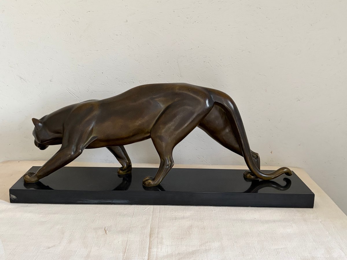 Irénée Rochard (1906-1984) - Panthère en bronze sur socle marbre art déco-photo-4