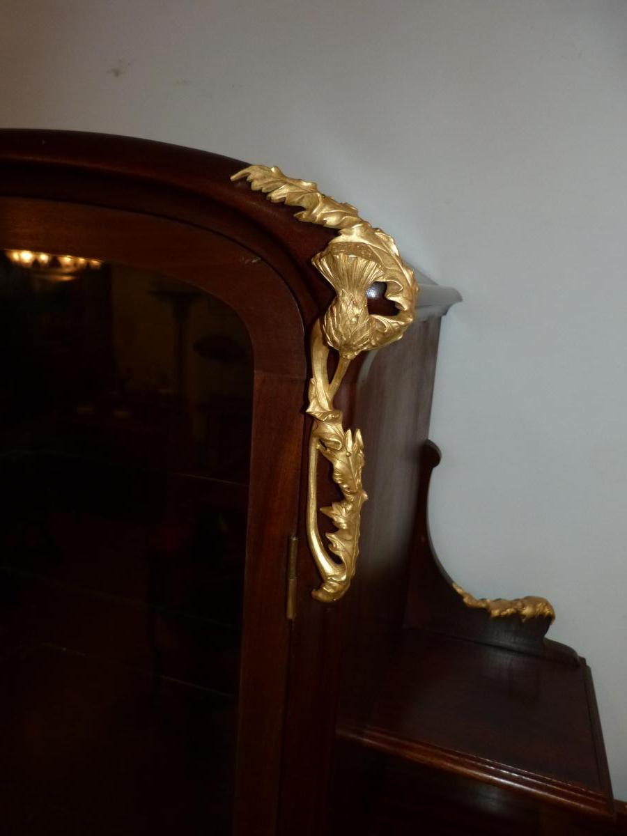 Vitrine Art Nouveau En Acajou Et Bronzes Décor Chardons-photo-3