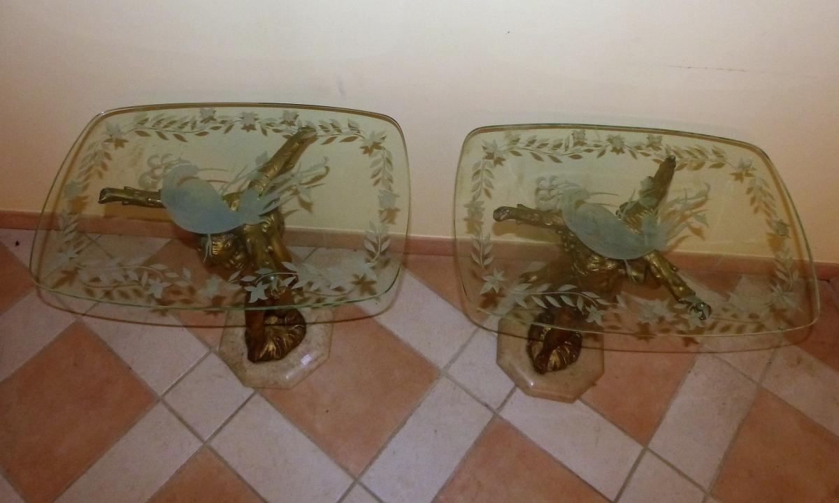 Pair Of Coffee Tables In Golden Wood And Glass Of Venice, Tips Of Sofa-photo-4
