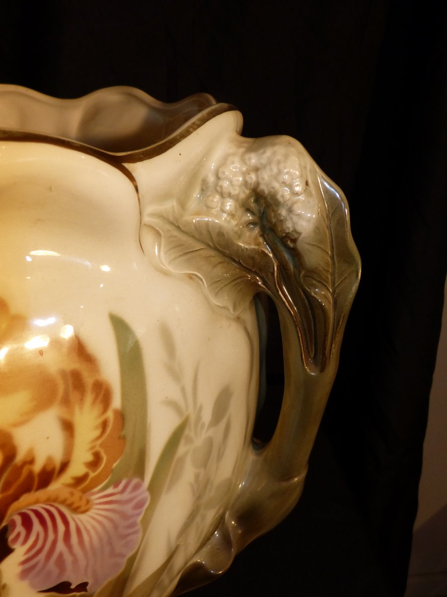 Kg Lunéville Gros Cache Pot Art Nouveau En Faïence Décor Iris-photo-3