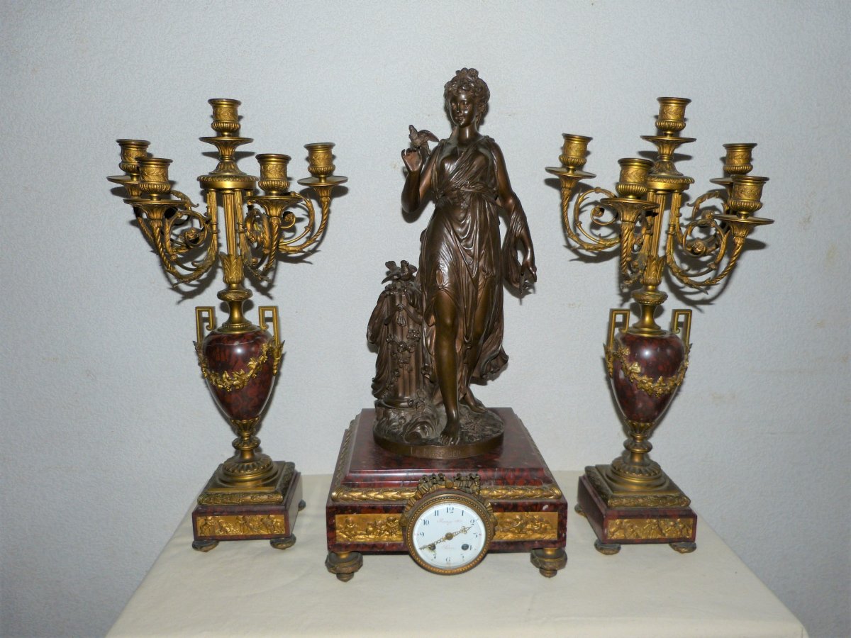 Raingo Et Gregoire : Garniture Pendule Et Paire De Candélabres En Bronze Doré Et Marbre 