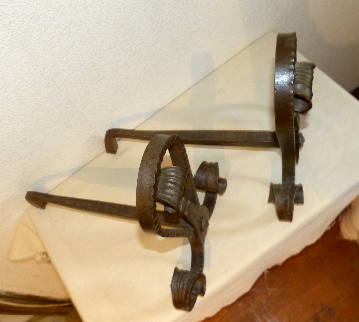 Edouard Schenck, Pair Of Wrought Iron Andirons Years 30-photo-4
