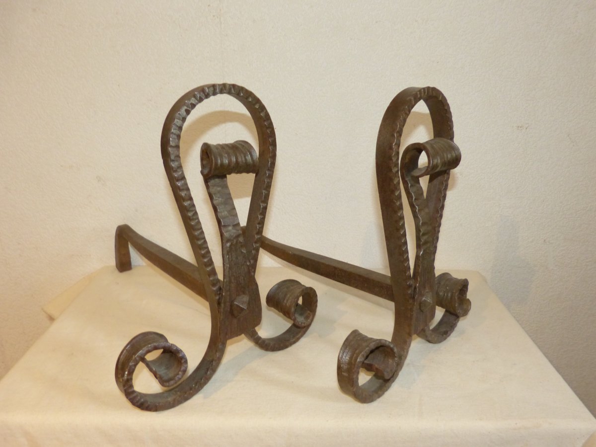 Edouard Schenck, Pair Of Wrought Iron Andirons Years 30