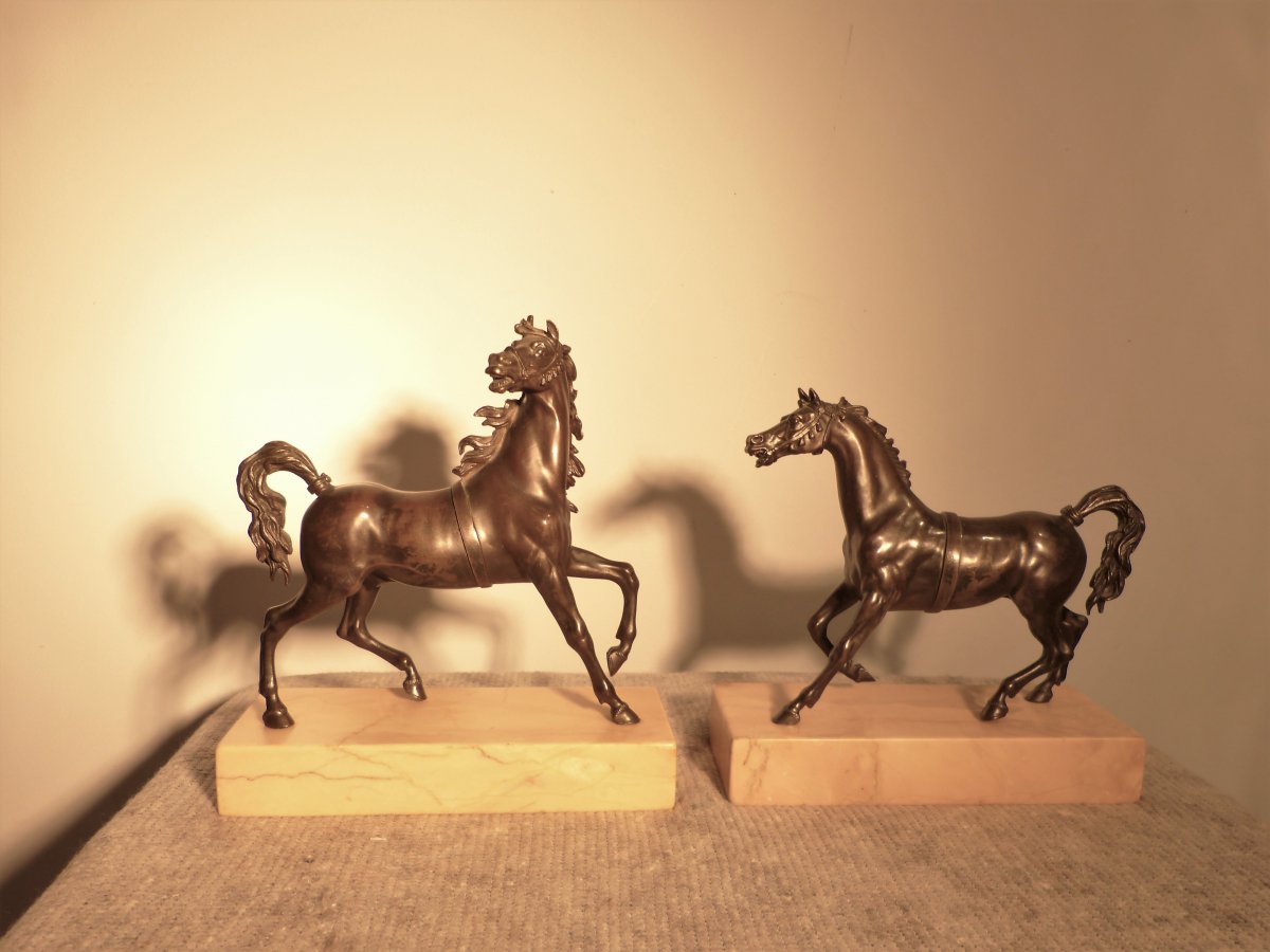 Pair Of Horse Bronzes On Marble Bases-photo-2