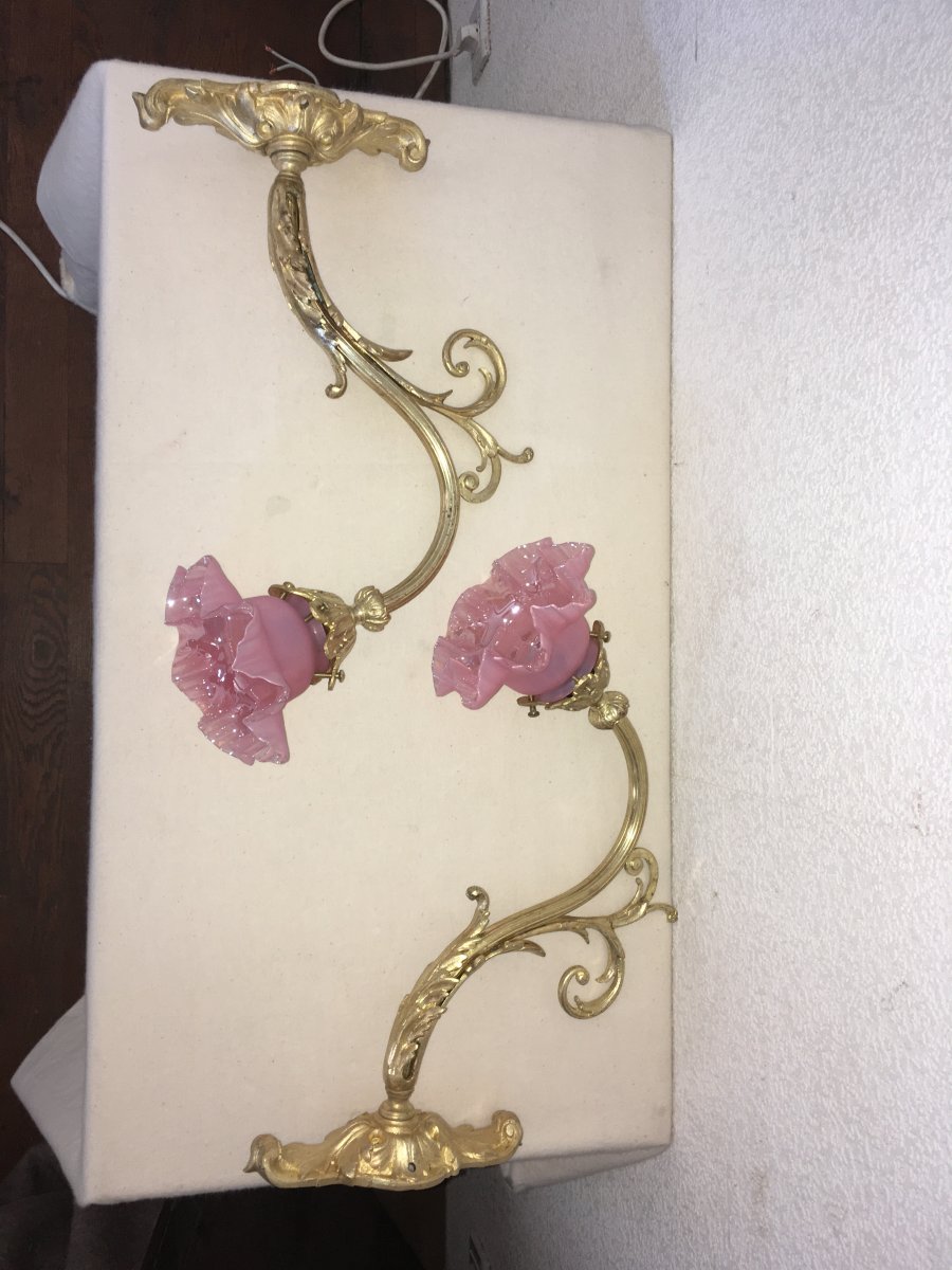 Paire D Appliqués En Bronze Doré, Tulipes En Verre Nacré Rose-photo-4