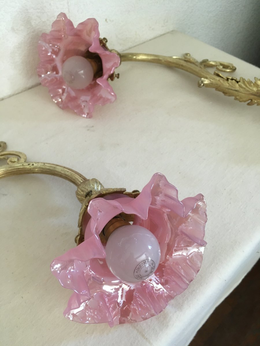 Pair Of Gilt Bronze Appliques, Pink Pearly Glass Tulips-photo-1