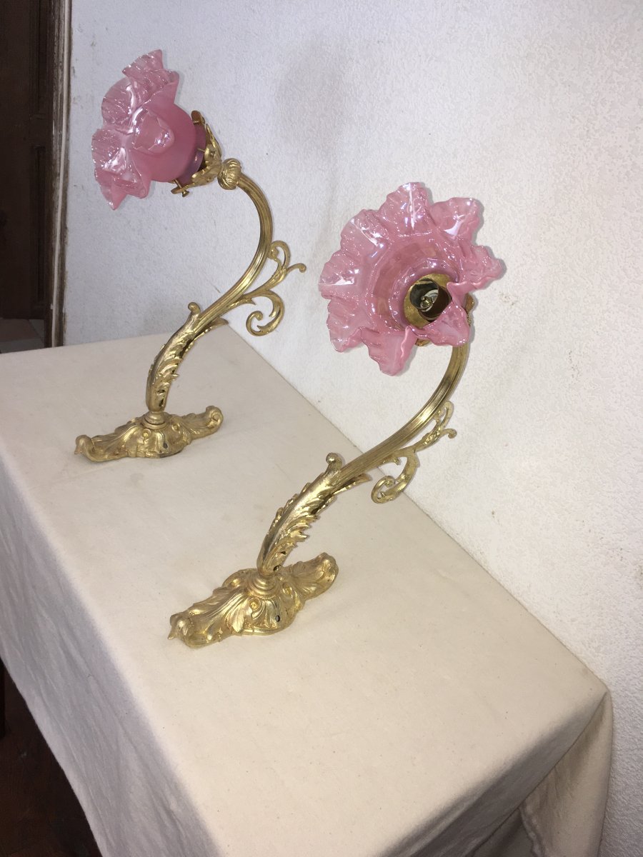 Paire D Appliqués En Bronze Doré, Tulipes En Verre Nacré Rose-photo-4