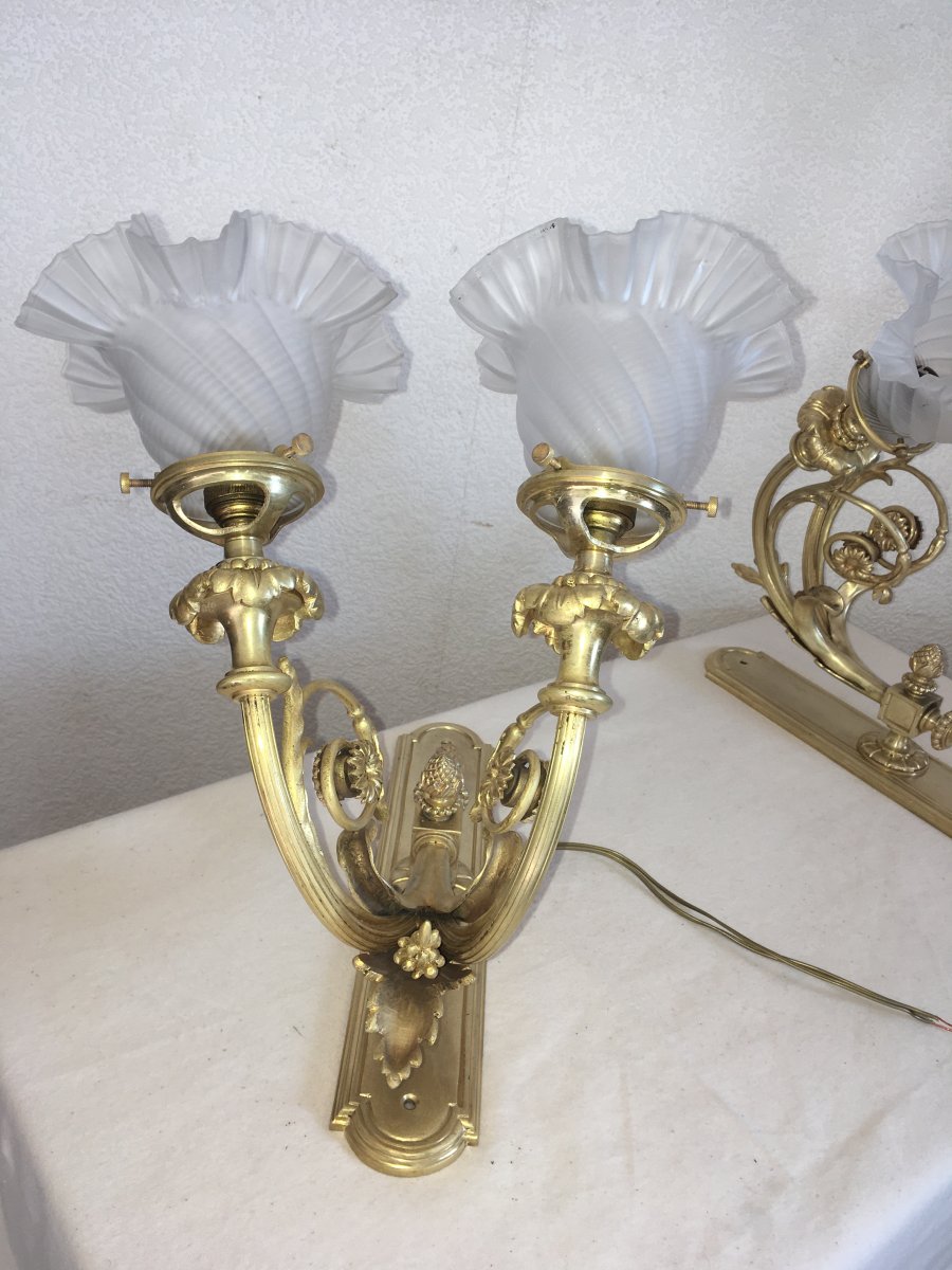 Beautiful Pair Of Double Gilt Bronze Sconces Signed Berlié Lyon-photo-5