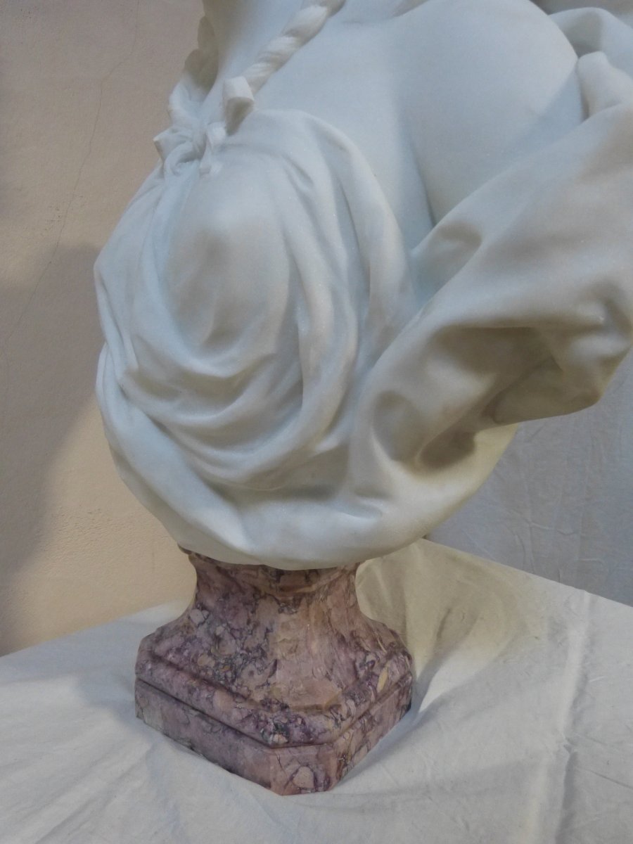 René Rozet: Bust Of Young Girl In White Marble 85 Cm-photo-2