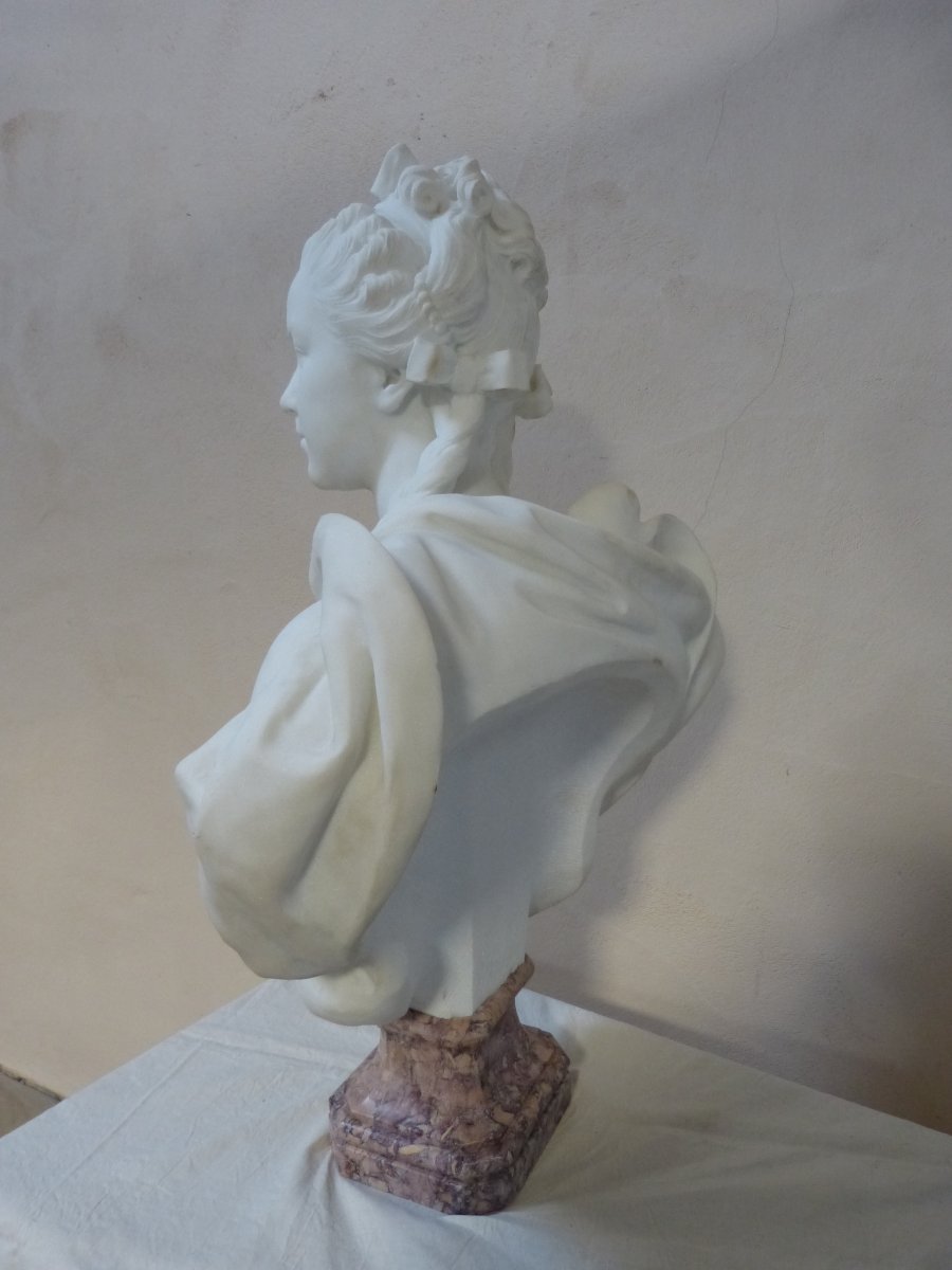 René Rozet: Bust Of Young Girl In White Marble 85 Cm-photo-3