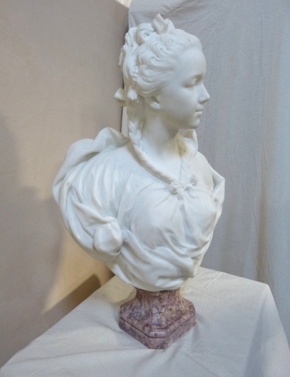 René Rozet: Bust Of Young Girl In White Marble 85 Cm-photo-4