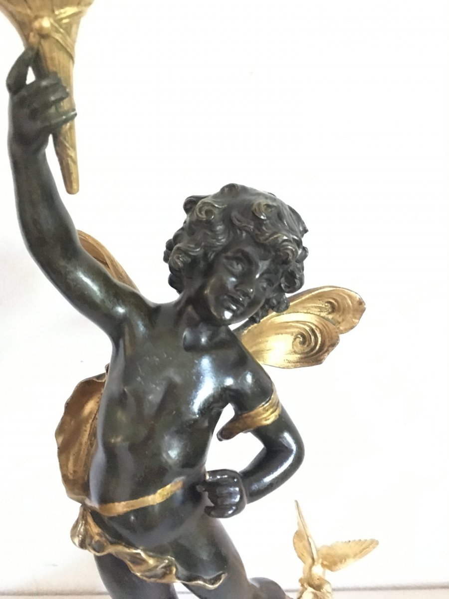 Auguste Moreau, Beautiful Bronze Lamp 68 Cm, At The Cherub-photo-3