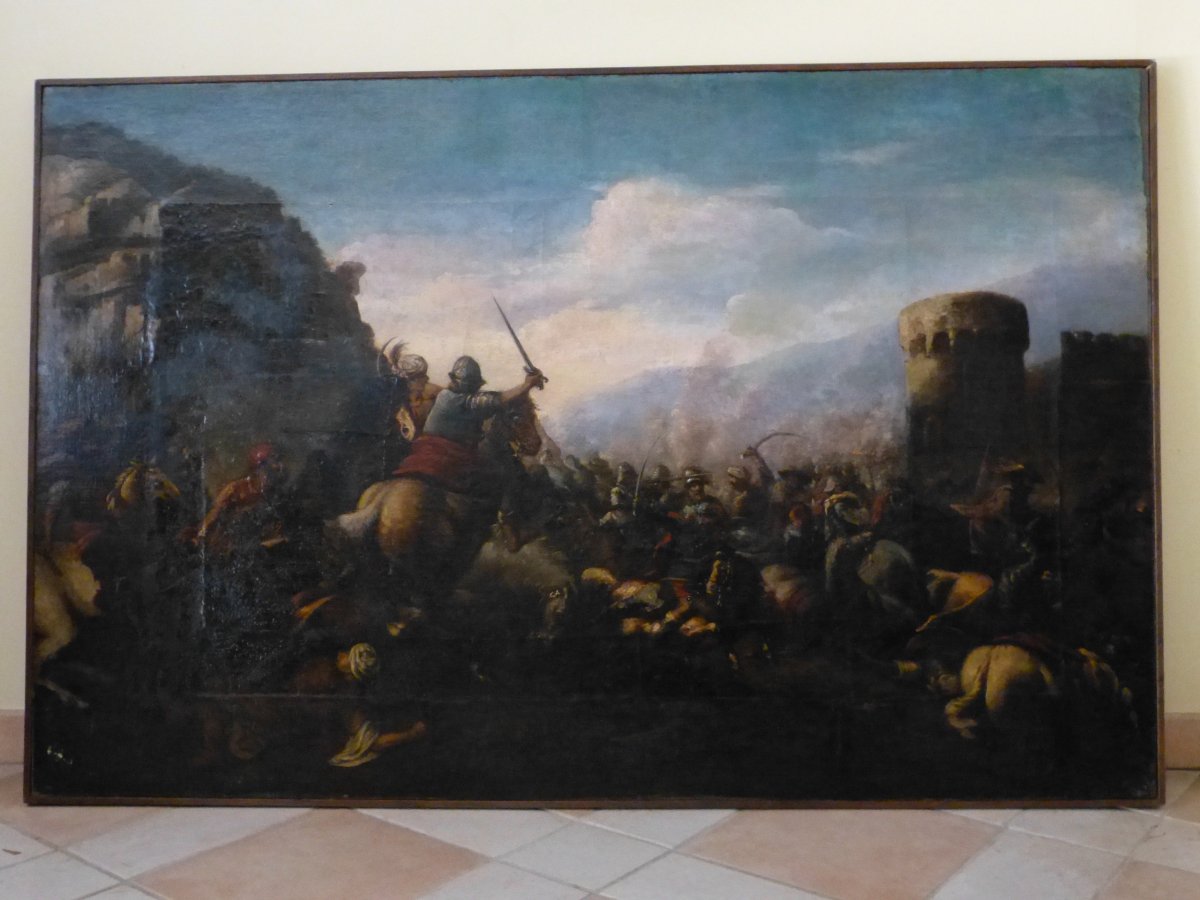 Choc De Cavalerie , 17ème , 99 X 152 Cm, Bataille Entre Armée Ottomane Et Chrétienne 