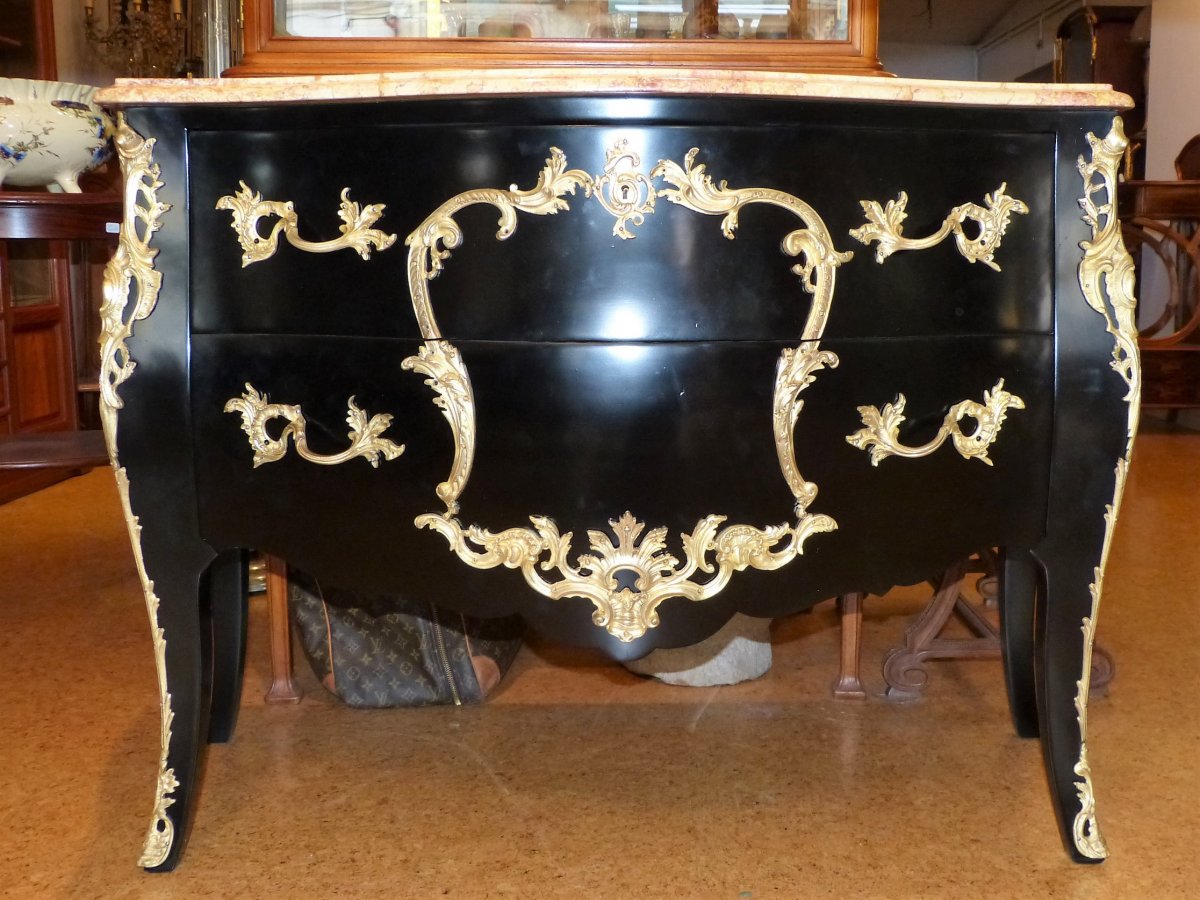 Commode Laquée Noire De Style Louis XV Bronzes Dorés-photo-3