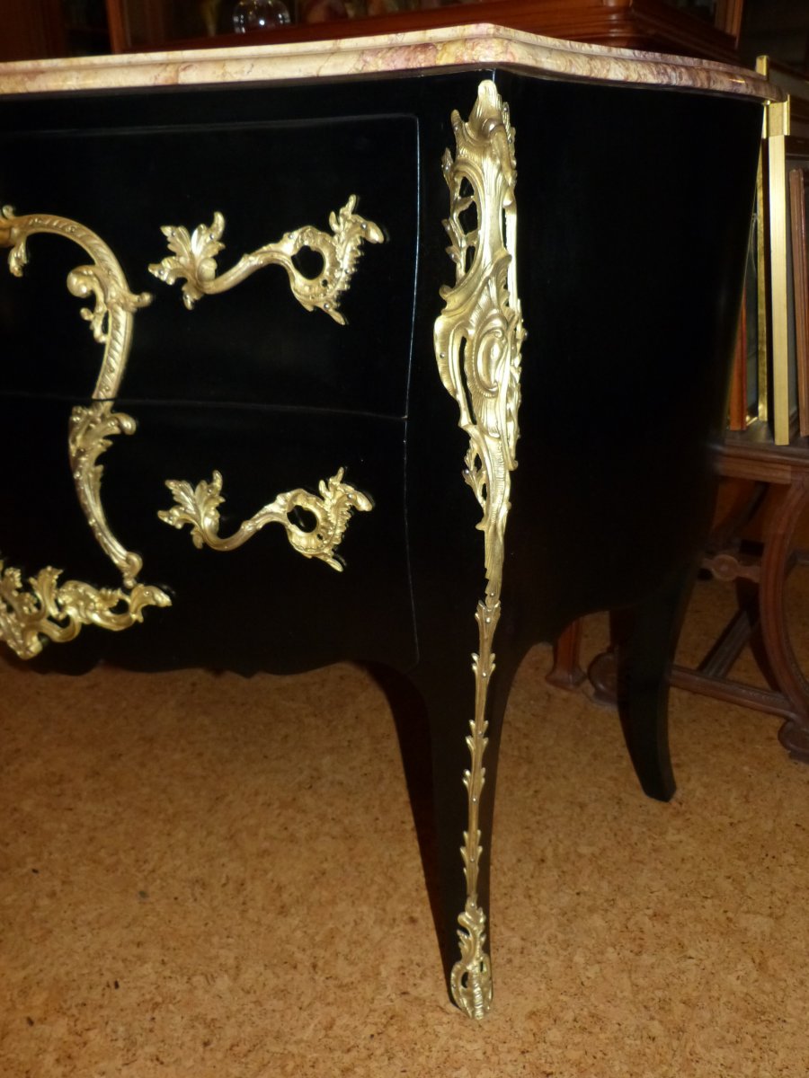 Commode Laquée Noire De Style Louis XV Bronzes Dorés-photo-3