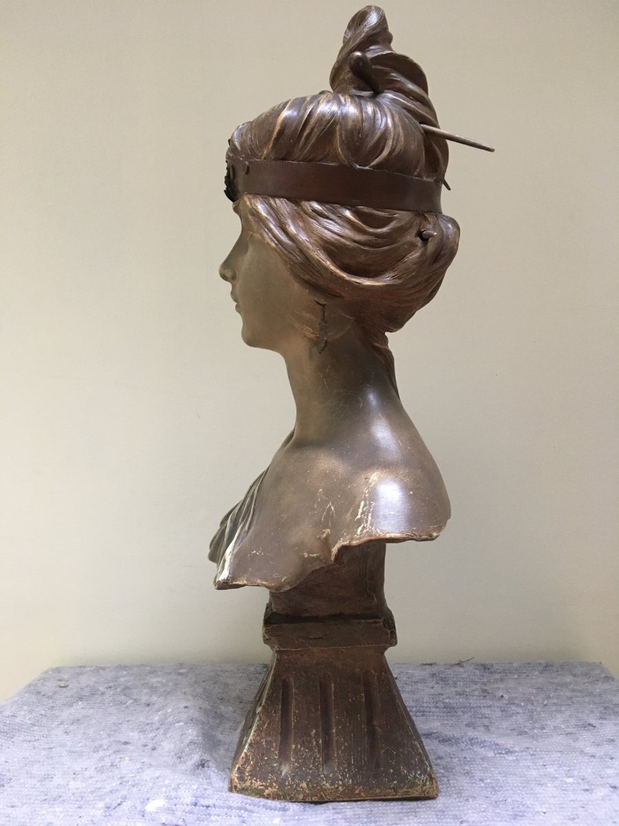 Georges Coudray: Bakie, Art Nouveau Polychrome Terracotta Bust-photo-2