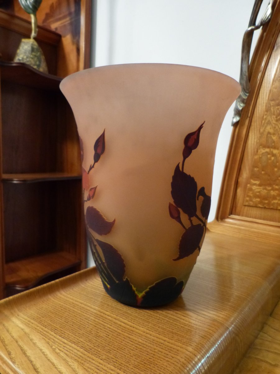 Müller Frères Lunéville, Art Nouveau Vase Engraved With Rose-photo-3