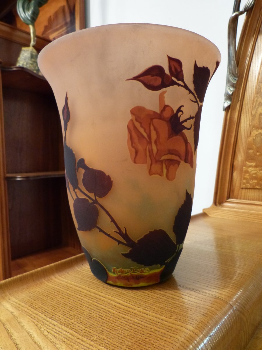 Müller Frères Lunéville, Art Nouveau Vase Engraved With Rose-photo-4