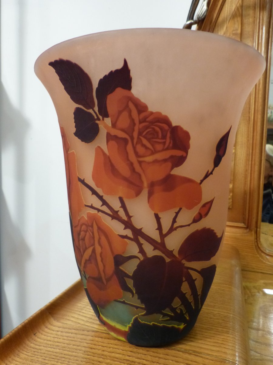 Müller Frères Lunéville , Vase Art Nouveau Gravé à La Rose-photo-4