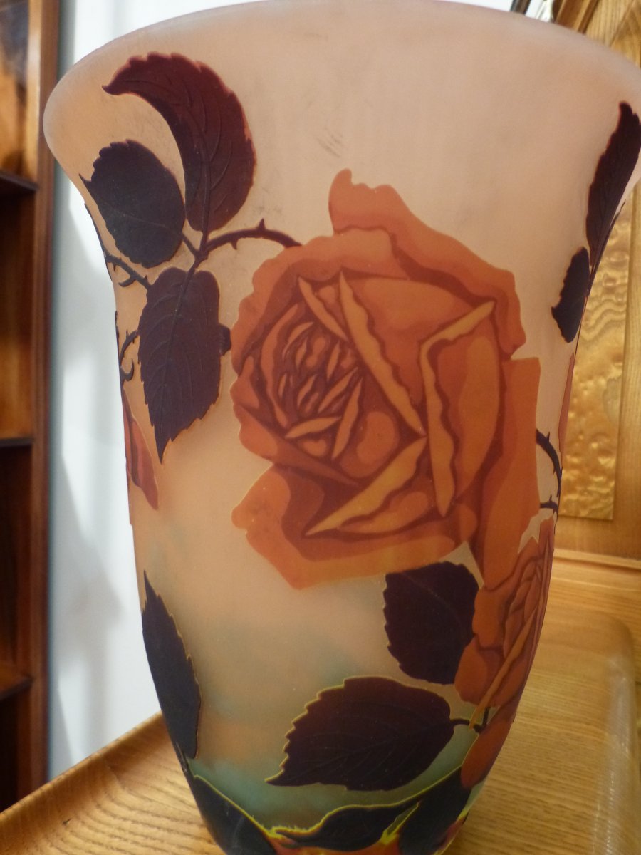 Müller Frères Lunéville, Art Nouveau Vase Engraved With Rose-photo-6