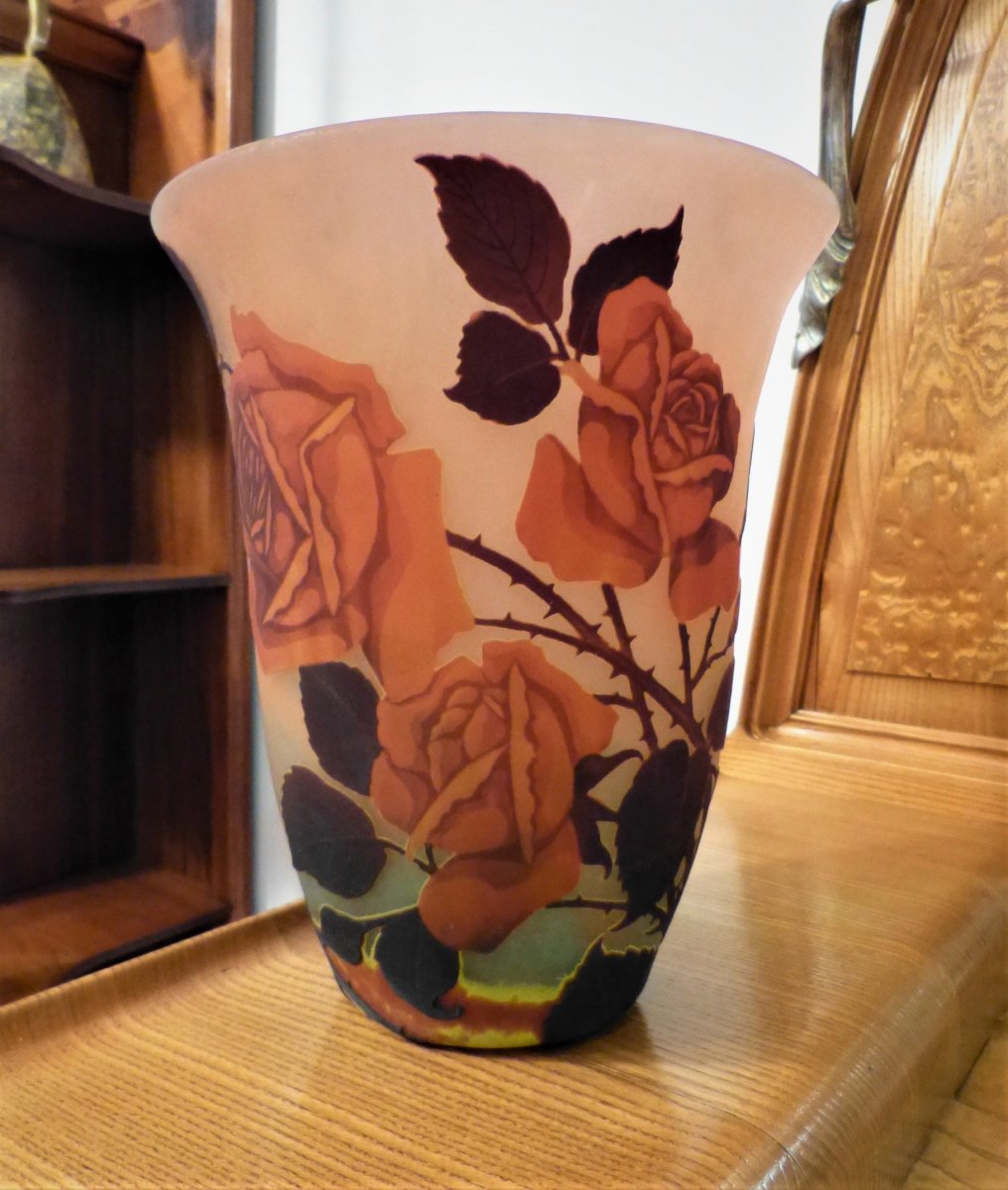 Müller Frères Lunéville , Vase Art Nouveau Gravé à La Rose