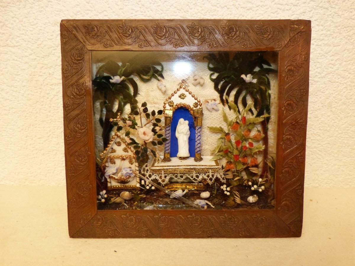 Diorama Verre Filé,  Autel Vierge Marie , Ex Voto 19ème