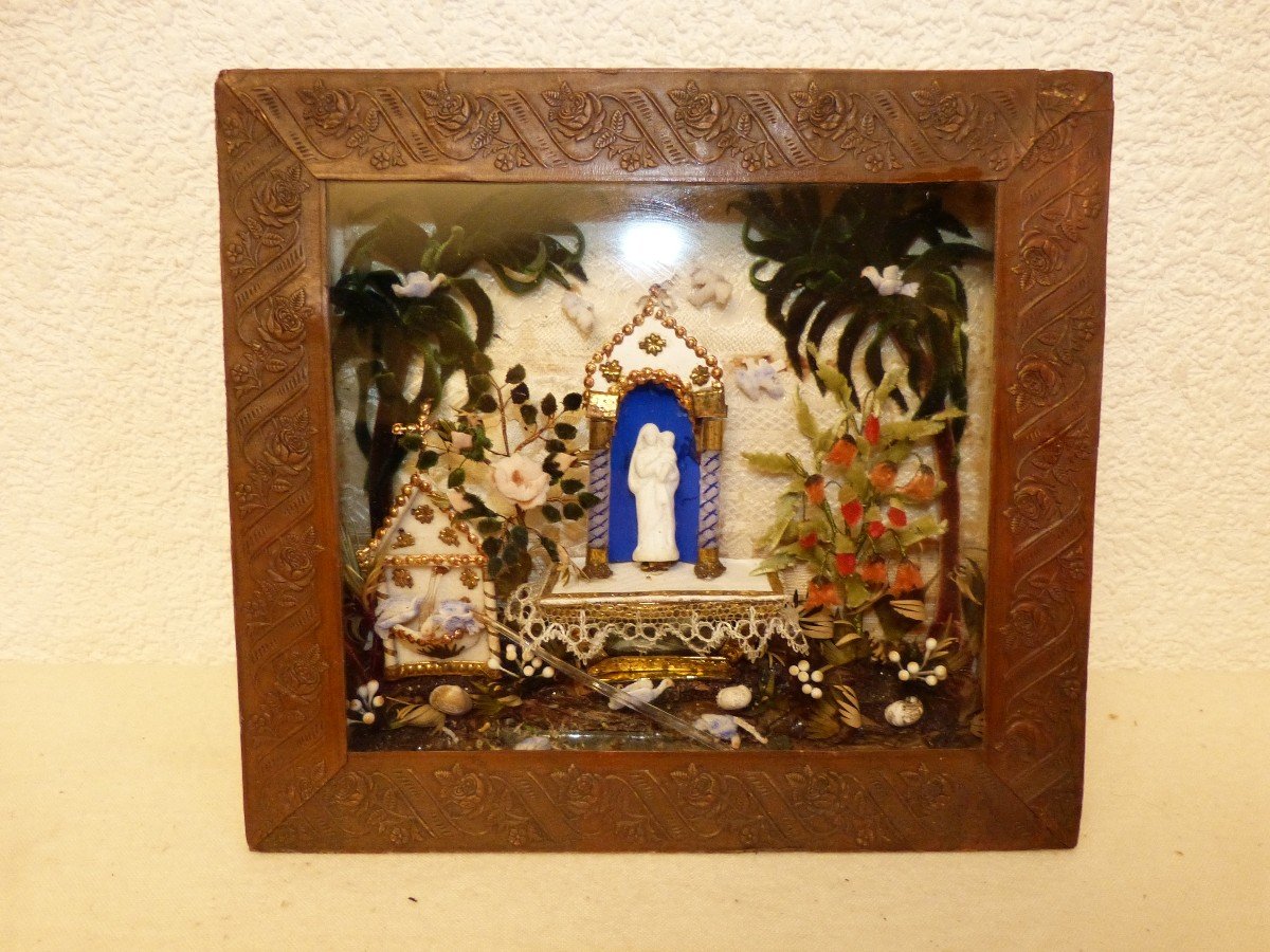 Spun Glass Diorama, Virgin Mary Altar, Ex Voto 19th