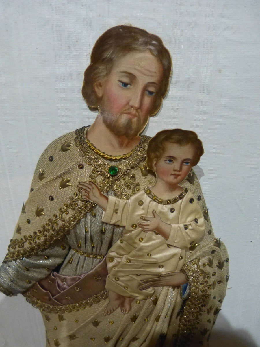 Diorama Religieux: Marie, Joseph Et Jésus, Vêtements Brodés, 82 X 57 Cm-photo-3