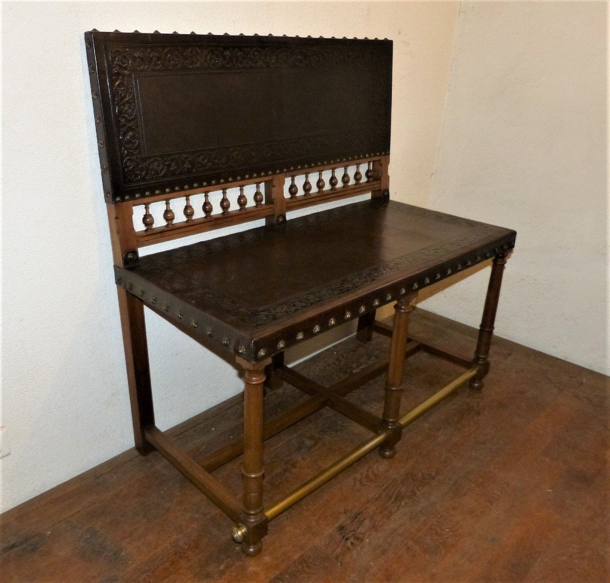 Small Leather Billiard Bench, Walnut Nineteenth-photo-2