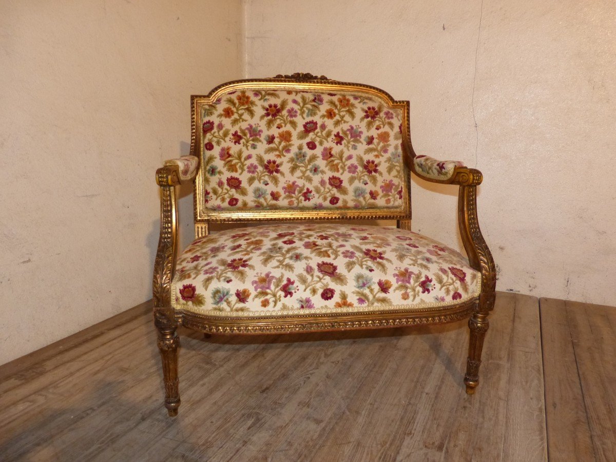 Louis XVI Napoleon III Style Marquise In Patinated Golden Wood-photo-2