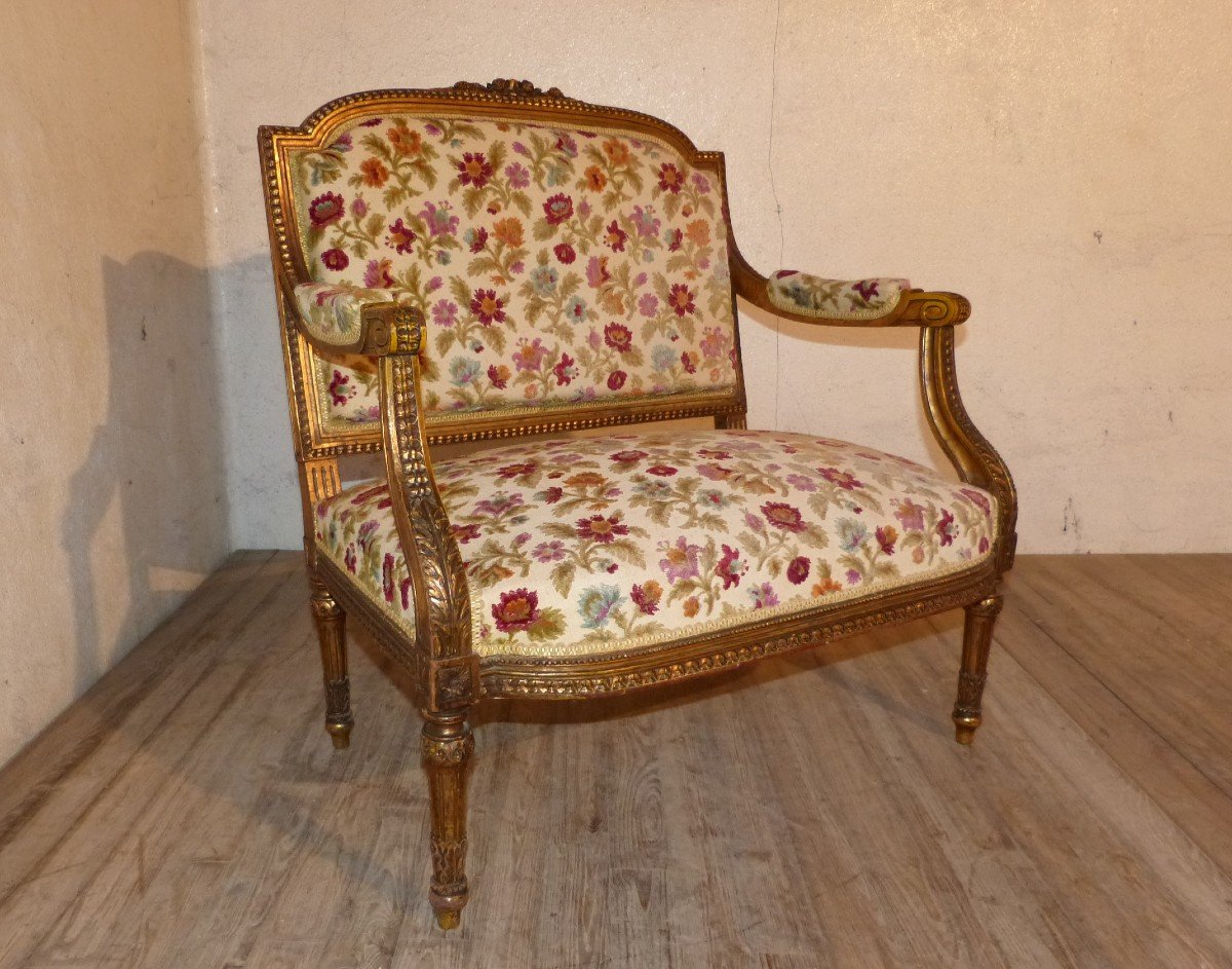 Louis XVI Napoleon III Style Marquise In Patinated Golden Wood
