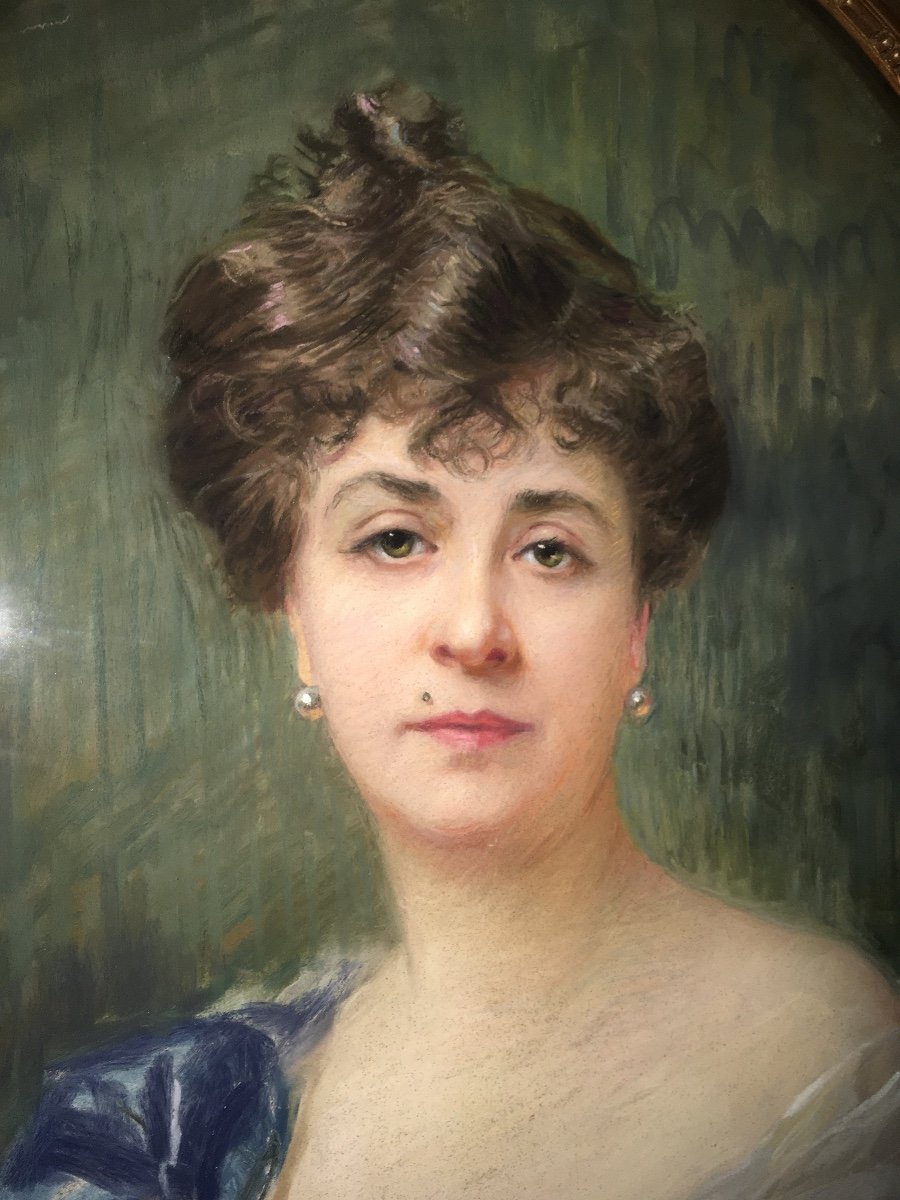 Frédérique Vallet Bisson, Grand Pastel  Portrait d' Elégante, Cadre Doré-photo-3