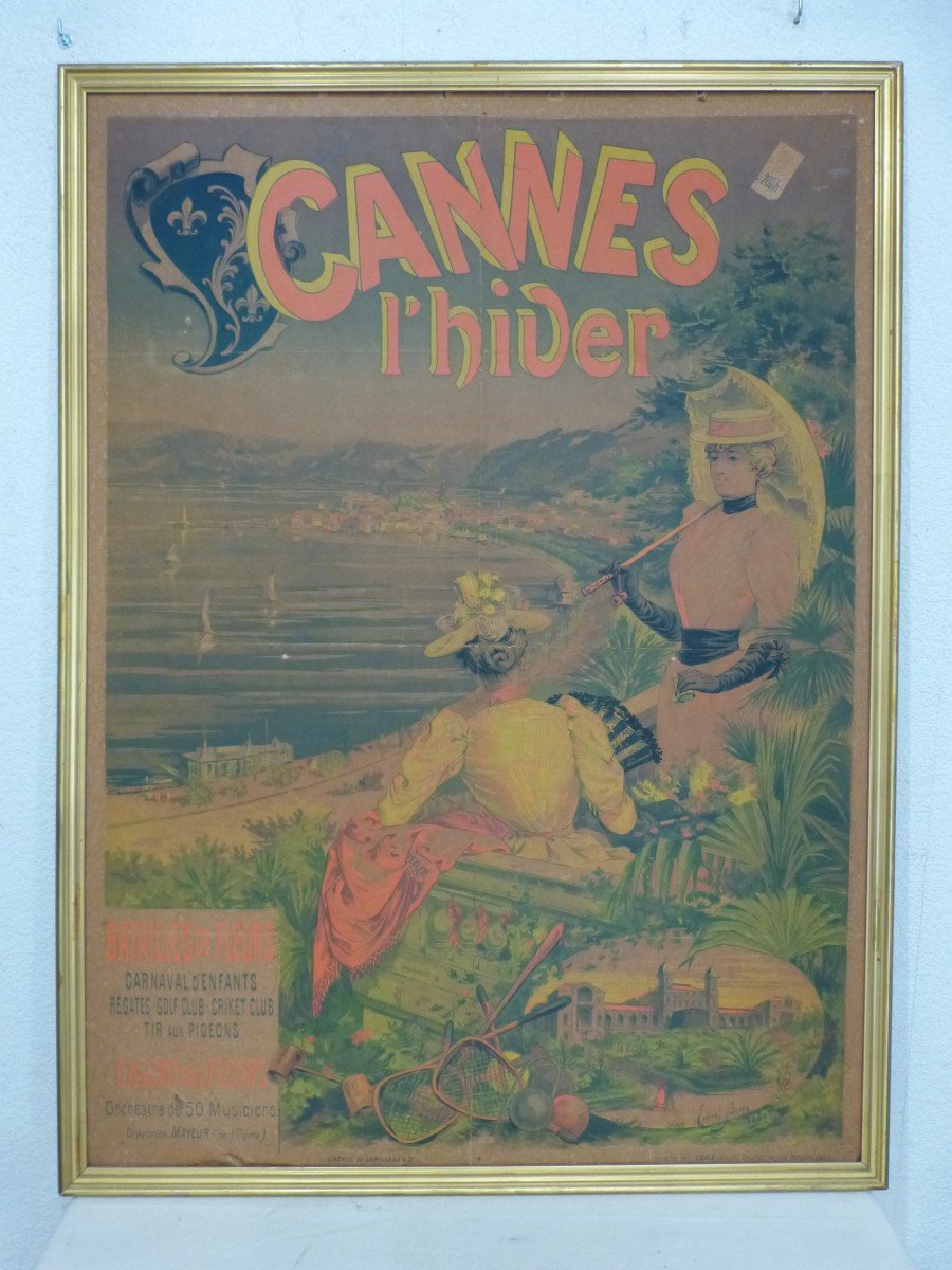 Affiche Touristique Cannes l'Hiver , Imp Chaix (atelier Cheret), bataille de fleurs, fin  19ème