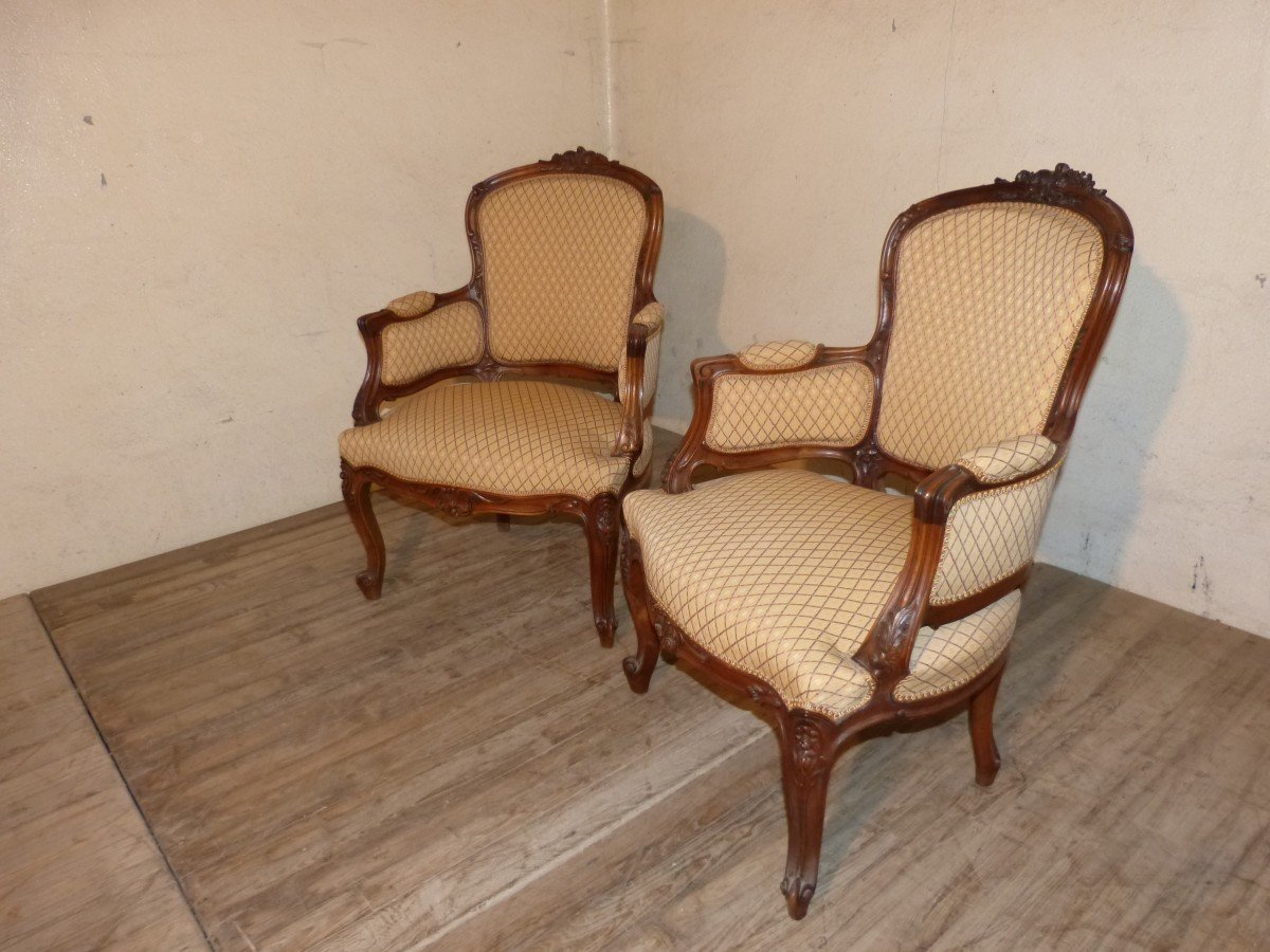 Pair Of Louis XV Style Bergères In Walnut-photo-2