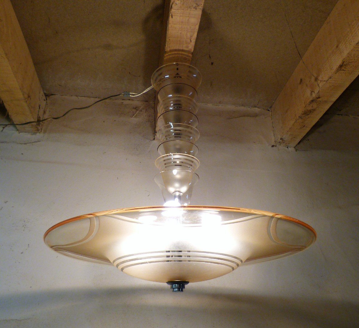 Daum Nancy, Art Deco Ceiling Chandelier In Etched And Frosted Art Deco Glass