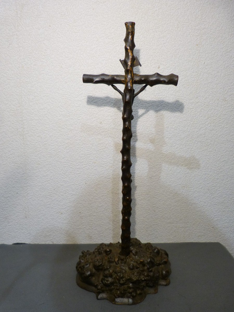 Art Populaire 19ème, Christ En Croix En Bronze Et Bois-photo-2