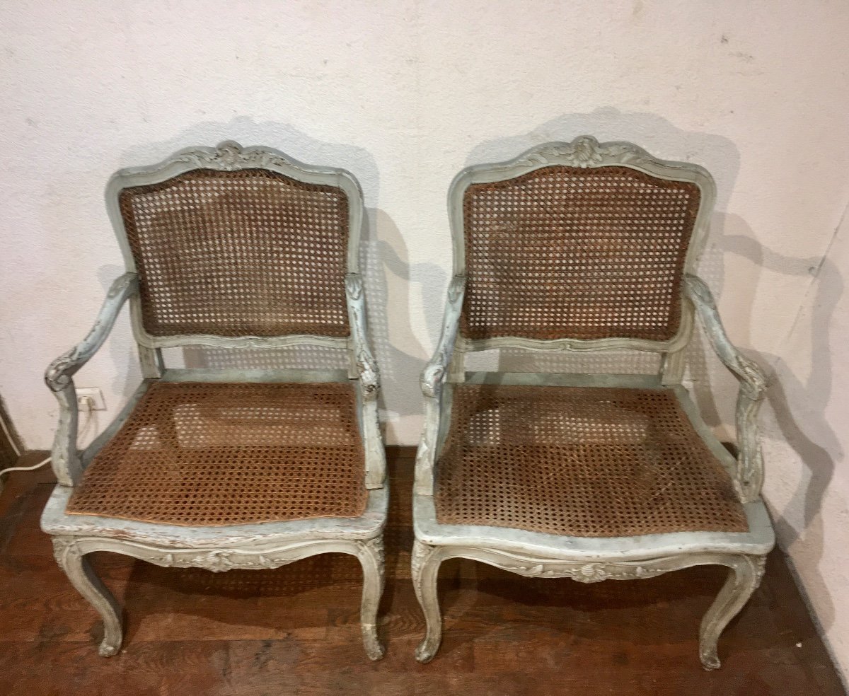 Paire De Fauteuils Louis XV Dossier Plat Laqués 18 Eme Siècle -photo-2