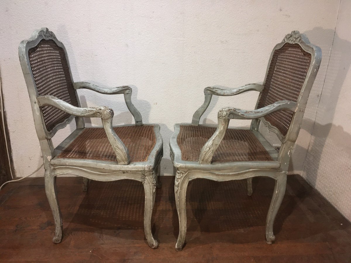 Paire De Fauteuils Louis XV Dossier Plat Laqués 18 Eme Siècle -photo-3